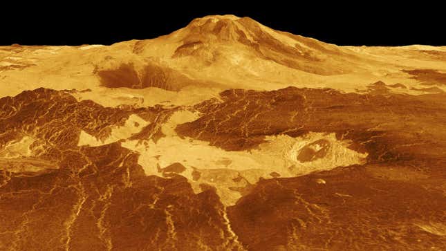 Un modelo 3D generado por computadora de la superficie de Venus muestra la cumbre del volcán Maat Mons.