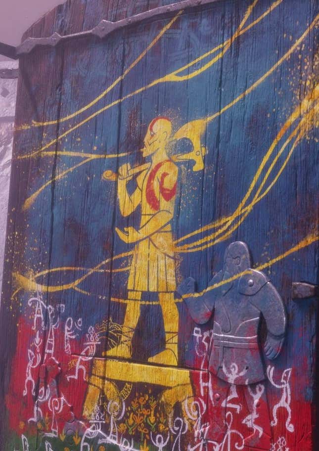 Das Kunstwerk zeigt Kratos als einen Gott, dessen Anhänger ihn verehren.