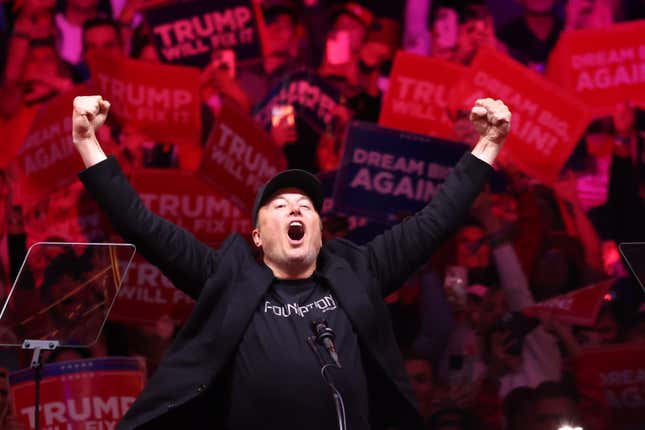 Tesla and SpaceX CEO Elon Musk raises his hands and shouts at a rally for Republican presidential nominee, Former President Donald Trump, at Madison Square Garden on October 27, 2024.