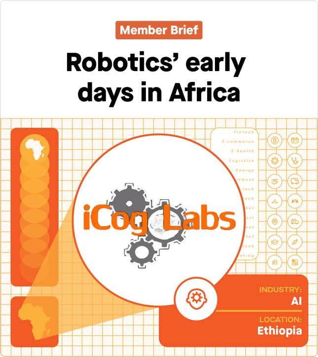 Cover image for a newsletter on Icog labs in Ethiopia. The text reads, &quot;Robotics&#039; early days in Africa.&quot;