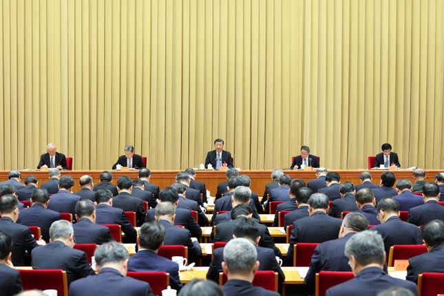 In this photo released on Dec. 12, 2023 by Xinhua News Agency, Chinese President Xi Jinping leads delivers a speech at the annual Central Economic Work Conference in Beijing. Chinese leaders have wrapped up the two-day annual meeting to set economic priorities for the coming year, the official Xinhua News Agency said in a report Tuesday that cited a litany of problems but also said the world&#39;s second-largest economy had &quot;achieved a recovery.&quot; (Yao Dawei/Xinhua via AP)