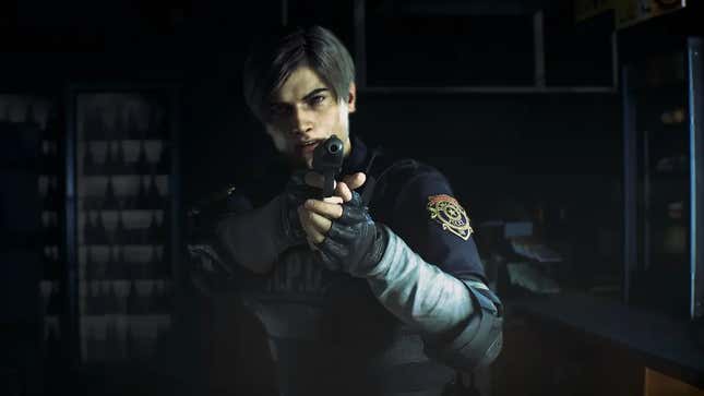 A screenshot of Leon Kennedy aiming his gun at an invisible target in Resident Evil 2.