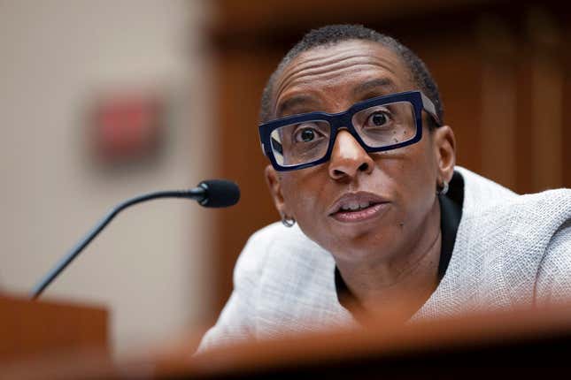 File - Former Harvard President Claudine Gay speaks at a hearing of the House Committee on Education on Capitol Hill, Dec. 5, 2023 in Washington. Conservative activist Christopher Rufo claimed victory this month with the resignation of Gay, Harvard&#39;s first Black woman president, after allegations of plagiarism and a furor over her congressional testimony about antisemitism. (AP Photo/Mark Schiefelbein, File)