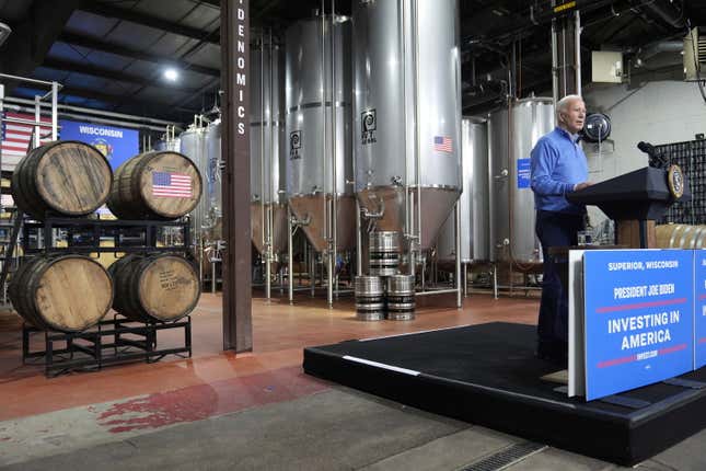 President Joe Biden speaks at the Earth Rider Brewery, Thursday, Jan. 25, 2024, in Superior, Wis. Biden is returning to the swing state of Wisconsin to announce $5 billion in federal funding for upgrading the Blatnik Bridge and for dozens of similar infrastructure projects nationwide. (AP Photo/Alex Brandon)