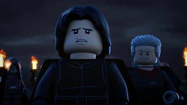 Ben Solo, Ren, and the Knights of Ren look up at Luke Skywalker's Jedi Temple off-screen, beneath dark clouds.