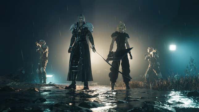 Sephiroth and Cloud stand alongside SOLDIER forces in a dark, rainy area.