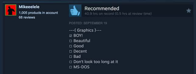 Usa ka screenshot sa usa ka Steam review nga naglista sa mga comical nga mga sugyot alang sa pag-rate sa God of War: Ragnarök's graphics, lakip ang mga kapilian sama sa "Nindot, Maayo, Disente, Daotan, Ayaw tan-awa ug dugay, MS-DOS," ug ang kahon ra nga gisusi mao ang "BOY!"