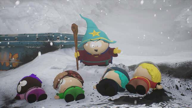 A screenshot shows Cartman in South Park Snow Day yelling at kids lying on the ground. 
