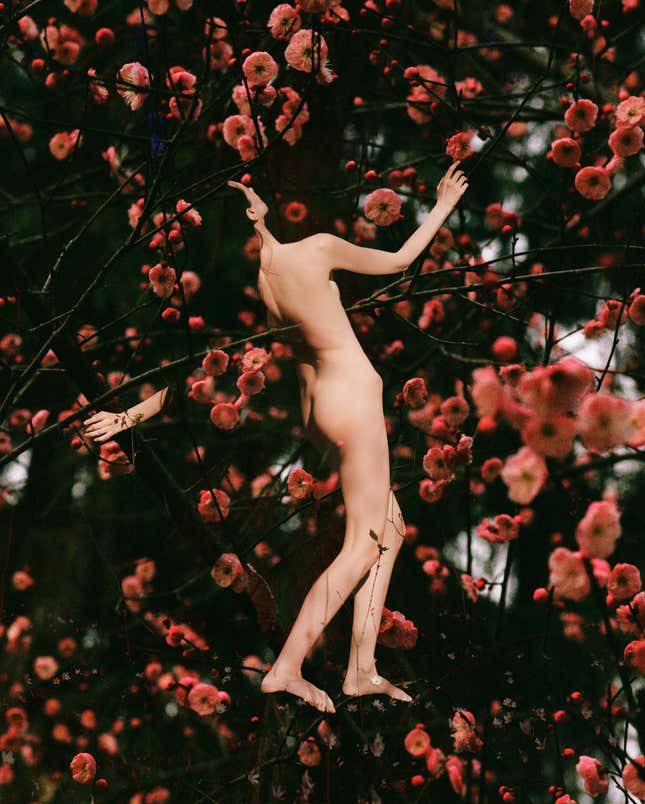 A naked woman walks amid trees full of flowers.