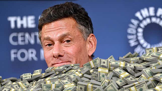 A photo shows Strauss Zelnick buried in a pile of money. 