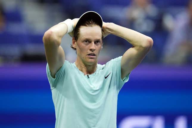 Sep 4, 2023; Flushing, NY, USA; Jannik Sinner of Italy reacts to an error against Alexander Zverev of Germany on day eight of the 2023 U.S. Open tennis tournament at USTA Billie Jean King National Tennis Center.