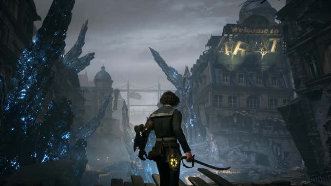 The protagonist of Lies of P holds a sword and looks out at a ravaged city.