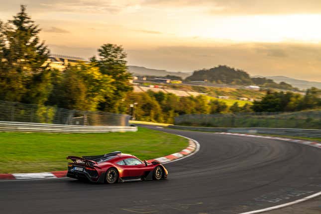 Rear 3/4 view of a Mercedes-AMG One on track