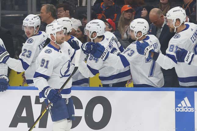 Dec 14, 2023; Edmonton, Alberta, CAN; The Tampa Bay Lightning celebrate a goal scored by forward Steven Stamkos (91) during the first period against the Edmonton Oilers at Rogers Place.