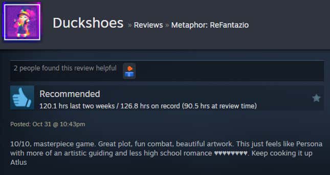 A screenshot shows a Steam review for Metaphor: ReFantazio.