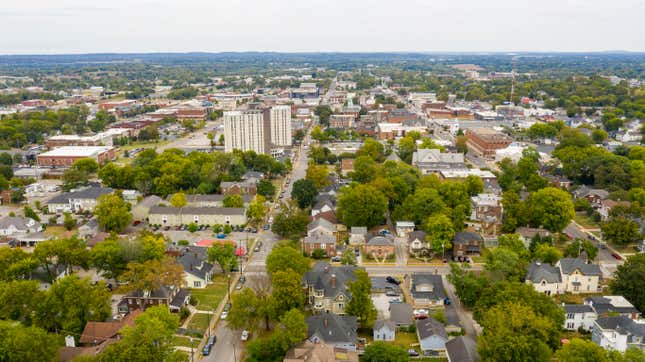 Overcast Day Aerial View over the Urban Downtown Area of Bowling Green Kentucky - stock photo