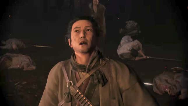 A Rise of the Ronin character cowers in fear as people drop dead to his left and right during a village raid.