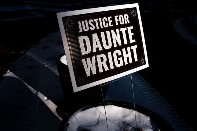 MINNEAPOLIS, MN - DECEMBER 23: A sign reading Justice for Daunte Wright is placed outside the Hennepin County Government Center on December 23, 2021, in Minneapolis, Minnesota. Jury deliberations are ongoing in the trial of former Brooklyn Center police officer Kim Potter, who is charged with manslaughter in the April 2021 shooting death of Daunte Wright. 