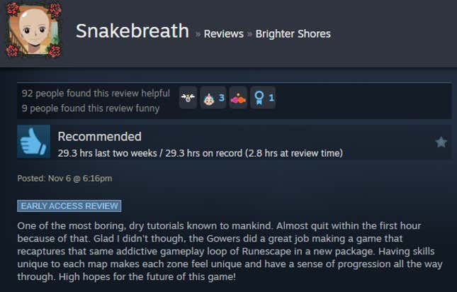 A screenshot shows a Steam user review of Brighter Shores.