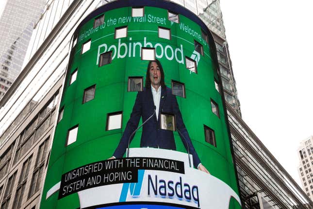 Vlad Tenev, CEO and co-founder Robinhood Markets, Inc., is displayed on a screen during his company’s IPO at the Nasdaq Market site in Times Square in New York City, U.S., July 29, 2021.