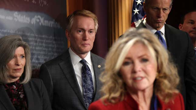 U.S. Sen. Marsha Blackburn (R-TN) speaks as (L-R) Sen. Joni Ernst (R-IA), Sen. James Lankford (R-OK), and Senate Minority Whip Sen. John Thune (R-SD) listen during a news conference on abortion at the U.S. Capitol November 30, 2021 in Washington, DC. U.S. Supreme Court is scheduled to hear tomorrow the case Dobbs v. Jackson Women’s Health Organization, a challenge to Mississippi’s 15-week abortion ban.