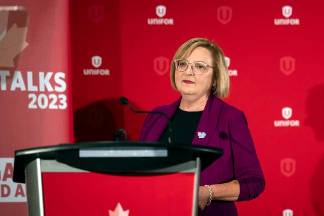 FILE - Lana Payne, Unifor national president speaks during a news conference, Aug. 29, 2023, in Toronto. Auto workers walked off the job at three General Motors facilities in Canada early Tuesday, Oct. 10, 2023 after failing to reach agreement with the automaker. (Tijana Martin/The Canadian Press via AP, File)