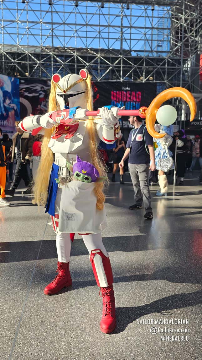 A cosplayer combines Sailor Moon and The Mandalorian at Anime NYC 2023
