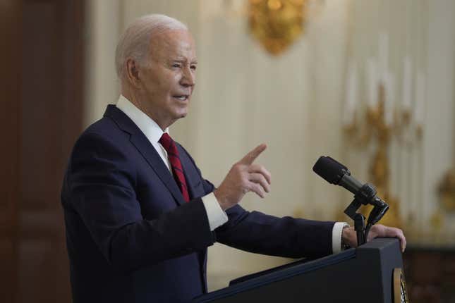 President Joe Biden speaks before signing a $95 billion Ukraine aid package that also includes support for Israel, Taiwan, and other allies, in the State Dining Room of the White House, Wednesday, April 24, 2024, in Washington. (AP Photo/Evan Vucci)