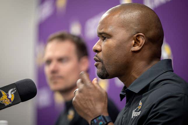 Minnesota Vikings new defensive coordinator Brian Flores speaks an NFL football news conference, Wednesday, Fe. 15, 2023, in Eagan, Minn.