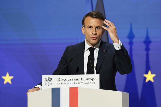 French President Emmanuel Macron delivers a speech on Europe in the amphitheater of the Sorbonne University, Thursday, April 25 in Paris. 2024. French President Emmanuel Macron will outline his vision for Europe as a more assertive global power at the backdrop of war in Ukraine, security, and economic challenges in a speech ahead of pivotal election for the European Parliament in June. (Christophe Petit Tesson, Pool via AP)