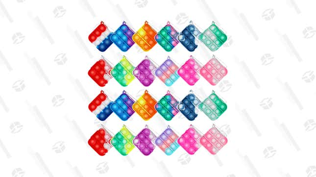 24 mini silicone poppers on keychains are shown.