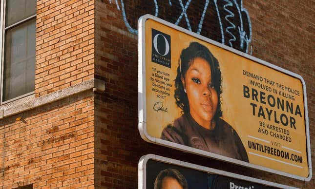 Image for article titled Breonna Taylor Billboard Defaced With Red Paint Over Her Forehead Resembling Bullet Wound