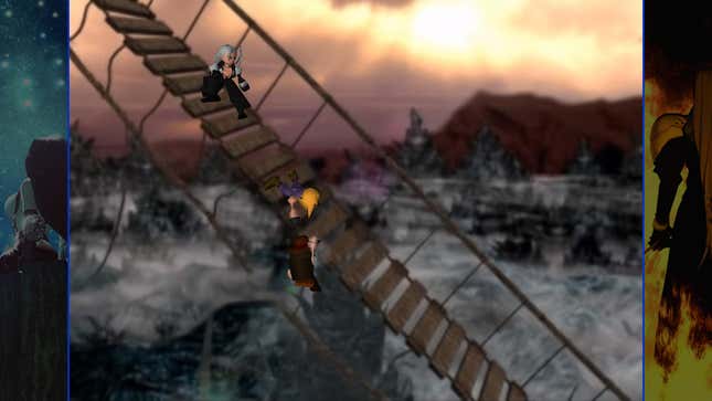 Cloud holds Tifa's hand as a bridge collapses.
