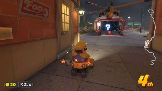 ario drives toward a helicopter with a giant question mark inside.
