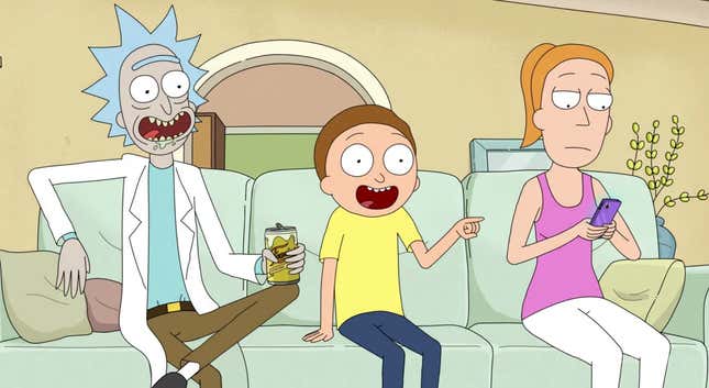Rick, Morty, and Summer sit on the Smith family couch