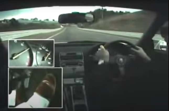 A video screenshot shows a person driving on a racetrack with inset images of gauges and the pedals of that car.