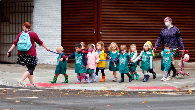 Image for article titled Pre-K Teacher Dragging Along Group Of 4-Year-Olds Like Prison Warden Leading Chain Gang Through Mojave