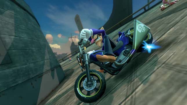 Waluigi races in a motorcycle.