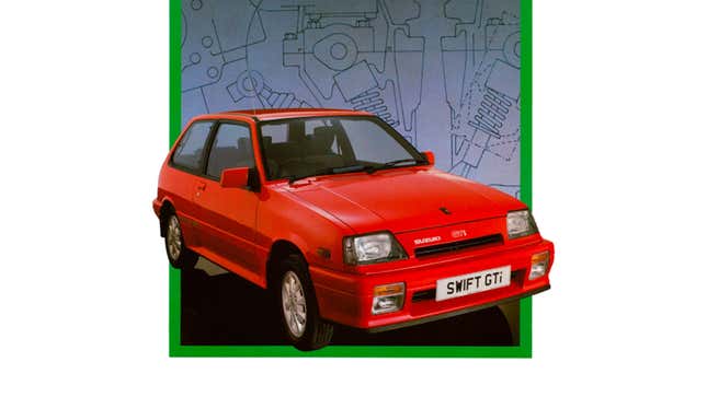 A vintage advert showing the Suzuki Swift GTi hatchback in a green border. 