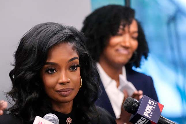 FILE - Arian Simone, left, and Ayana Parsons, right, of the Fearless Fund, attend a news conference, Aug. 10, 2023, in New York. Foundations and major donors aren&#39;t just watching court cases like the Supreme Court’s June decision ending affirmative action at universities, the ongoing lawsuit against a grant program aimed at supporting Black women entrepreneurs, and other legal challenges targeting corporate diversity programs. They are mobilizing to respond. One battleground will be the lawsuit challenging grants from the Fearless Fund, which awarded $20,000 to businesses that are at least 51% owned by Black women, among other requirements. (AP Photo/Frank Franklin II, File)