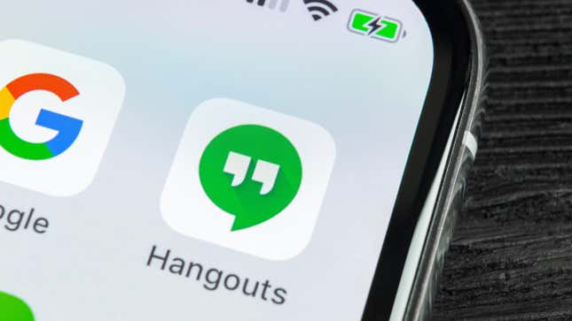 The Google Hangouts app icon on an iphone screen next to the Google app icon