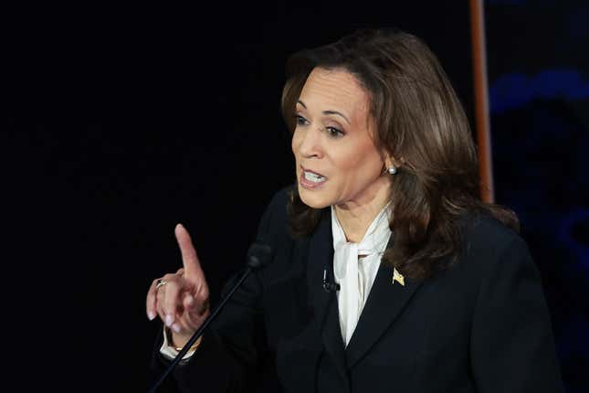 Democratic presidential nominee, U.S. Vice President Kamala Harris, debates Republican presidential nominee, former U.S. president Donald Trump, for the first time during the presidential election campaign at The National Constitution Center on September 10, 2024 in Philadelphia, 