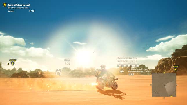 Beelzebub travels across Sand Land in a motorcycle.
