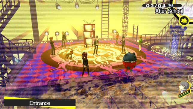 A screenshot from Persona 4, depicting the game's hero's on a foggy stage, with three CRT TVs stacked behind the protagonist.