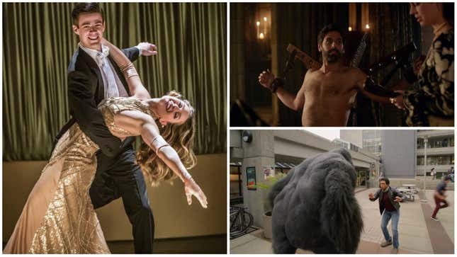 Clockwise from left: Barry and Kara sing “Super Friends” in The Flash (Screenshot: The CW); Don Carlos is impaled by his own sex horse in Reign (Screenshot: The CW); Gorilla Grodd tries to assassinate Barrack Obama in DC: Legends Of Tomorrow (Screenshot: The CW)