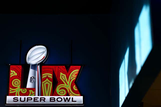 The Super Bowl 59 logo on a promotional display in the French Quarter on December 14, 2024 in New Orleans, Louisiana,