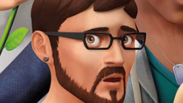 A Sim wearing glasses stares at the camera with a shocked expression on his face. 