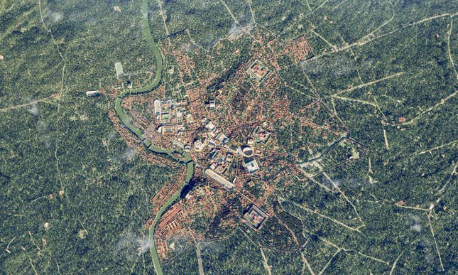 A reconstruction of Rome circa 320 CE, seen from directly above.