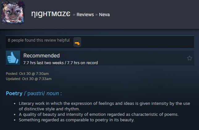 A screenshot shows a Steam user review from Neva.