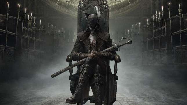 A hunter clothed in black sits on a chair inside of a clocktower